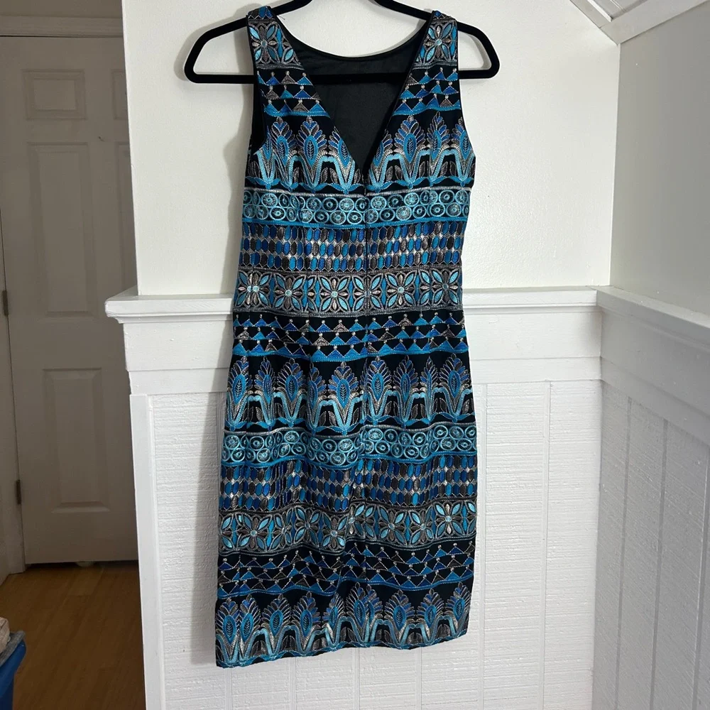 WHBM White House Black Market Black & Blue Metallic Sheath Dress NWT, size 0